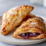Close-up of flaky easy homemade cherry turnovers filled with dark cherry jam and sprinkled with coarse sugar.