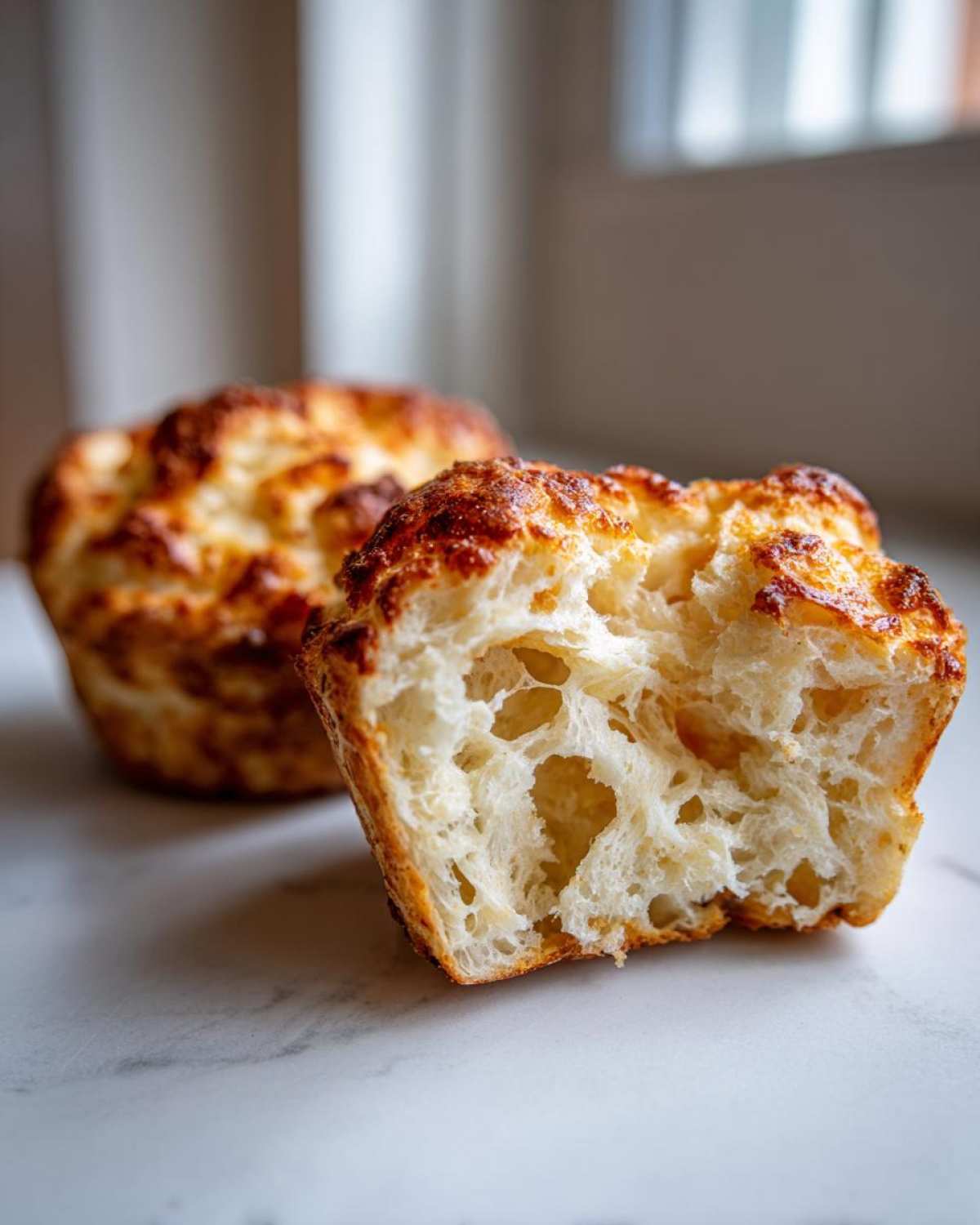 Close-up of a homemade english muffin split open, showing its airy, open crumb structure.