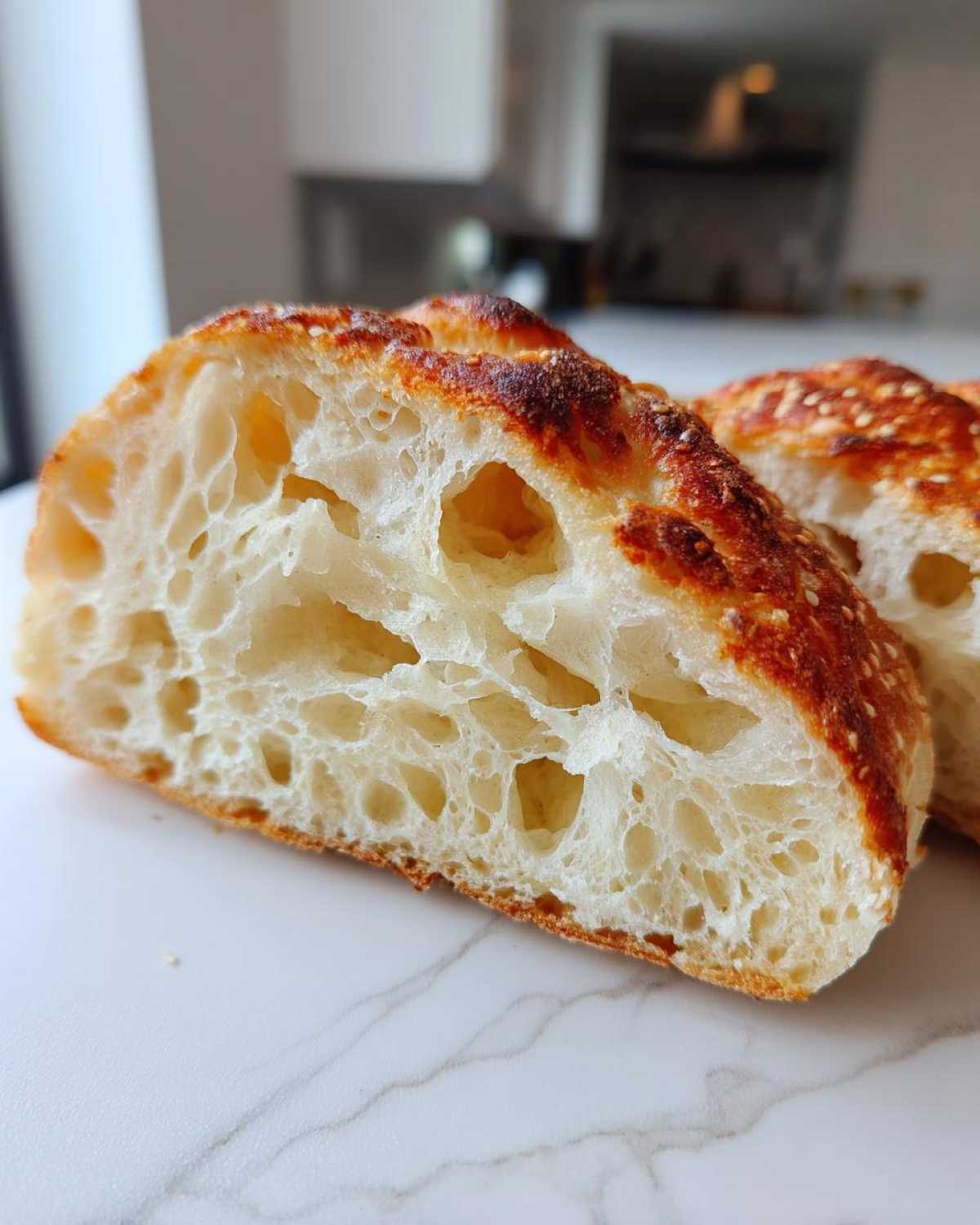 Close-up of the open crumb structure inside a homemade english muffin, showing large nooks and crannies.