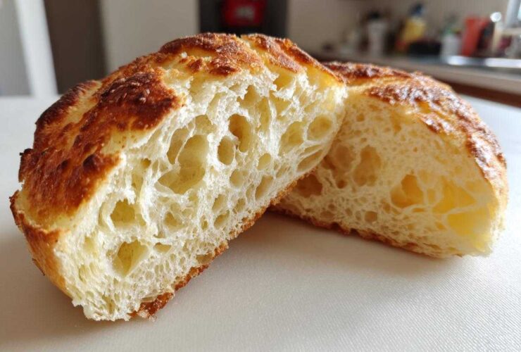 Close-up of a perfectly cooked english muffin cut in half, showing its signature open, airy crumb structure.