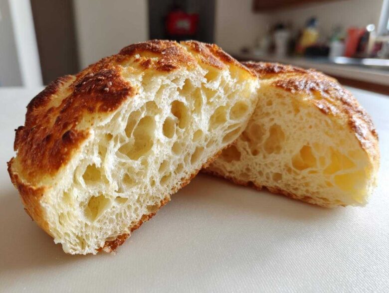 Close-up of a perfectly cooked english muffin cut in half, showing its signature open, airy crumb structure.