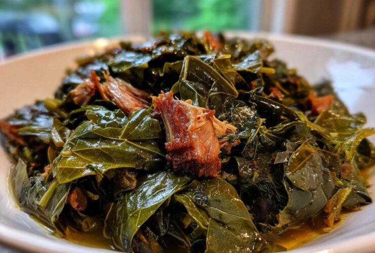 Close-up of tender, seasoned collard greens served in a white bowl with visible pieces of smoked ham hock.