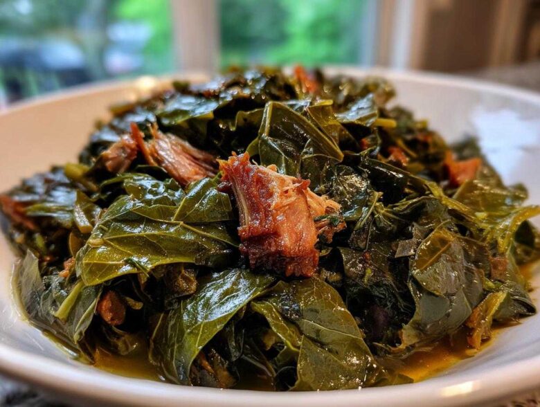 Close-up of tender, seasoned collard greens served in a white bowl with visible pieces of smoked ham hock.