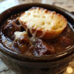 Close-up of a hearty bowl of french onion beef stew topped with a melted cheese crouton.