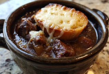 Close-up of a hearty bowl of french onion beef stew topped with a melted cheese crouton.