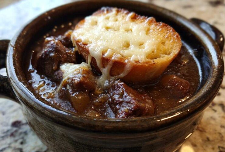 Close-up of a hearty bowl of french onion beef stew topped with a melted cheese crouton.