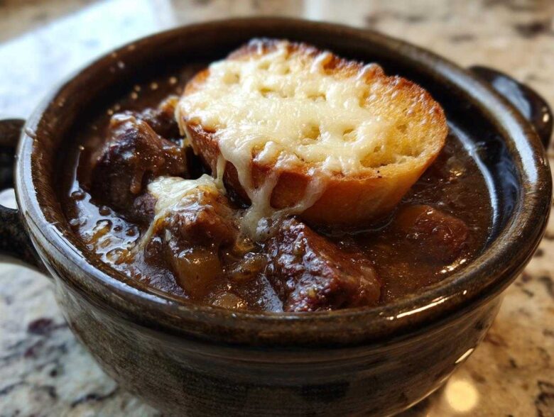 Close-up of a hearty bowl of french onion beef stew topped with a melted cheese crouton.