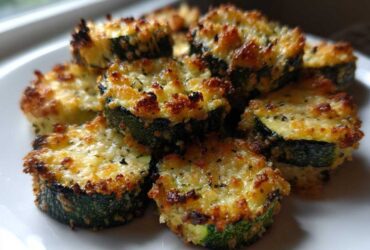 A close-up of several golden-brown, cheesy ovencrisped zucchini slices stacked on a white plate.