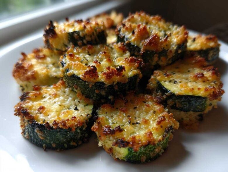 A close-up of several golden-brown, cheesy ovencrisped zucchini slices stacked on a white plate.