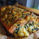 Close-up of a baked stuffed salmon fillet with a golden, herbed crust and creamy spinach filling spilling out.