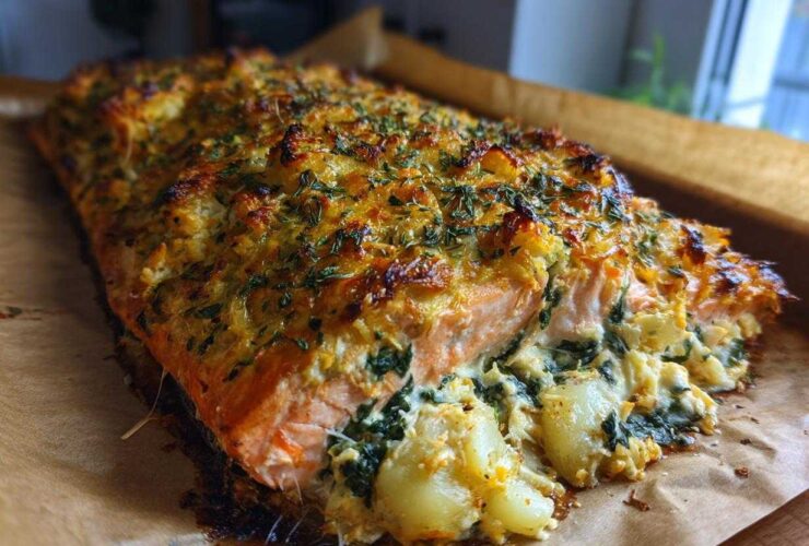 Close-up of a baked stuffed salmon fillet with a golden, herbed crust and creamy spinach filling spilling out.