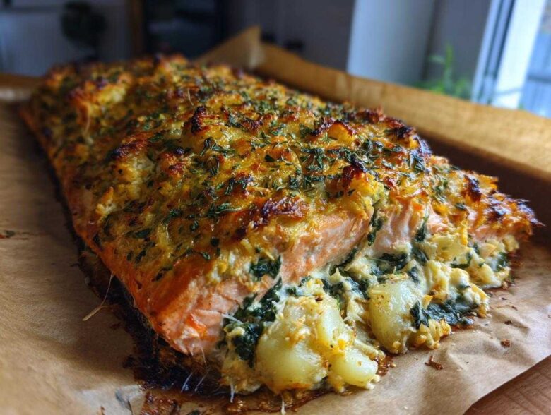 Close-up of a baked stuffed salmon fillet with a golden, herbed crust and creamy spinach filling spilling out.