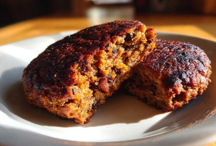 Close-up of a firm black bean burger patty cut in half, showing its texture and dark, caramelized exterior.