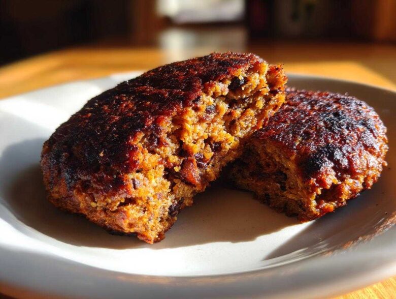 Close-up of a firm black bean burger patty cut in half, showing its texture and dark, caramelized exterior.