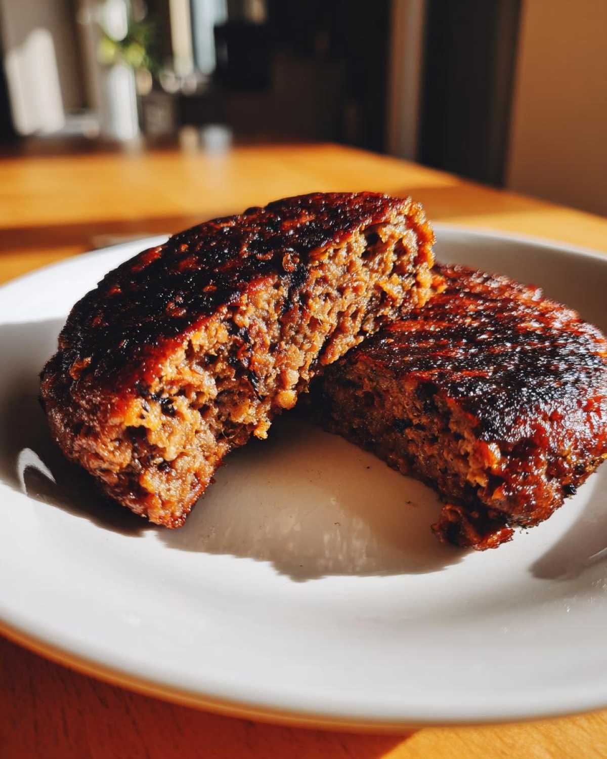 Close-up of a perfectly seared black bean burger patty cut in half, showing its firm texture.