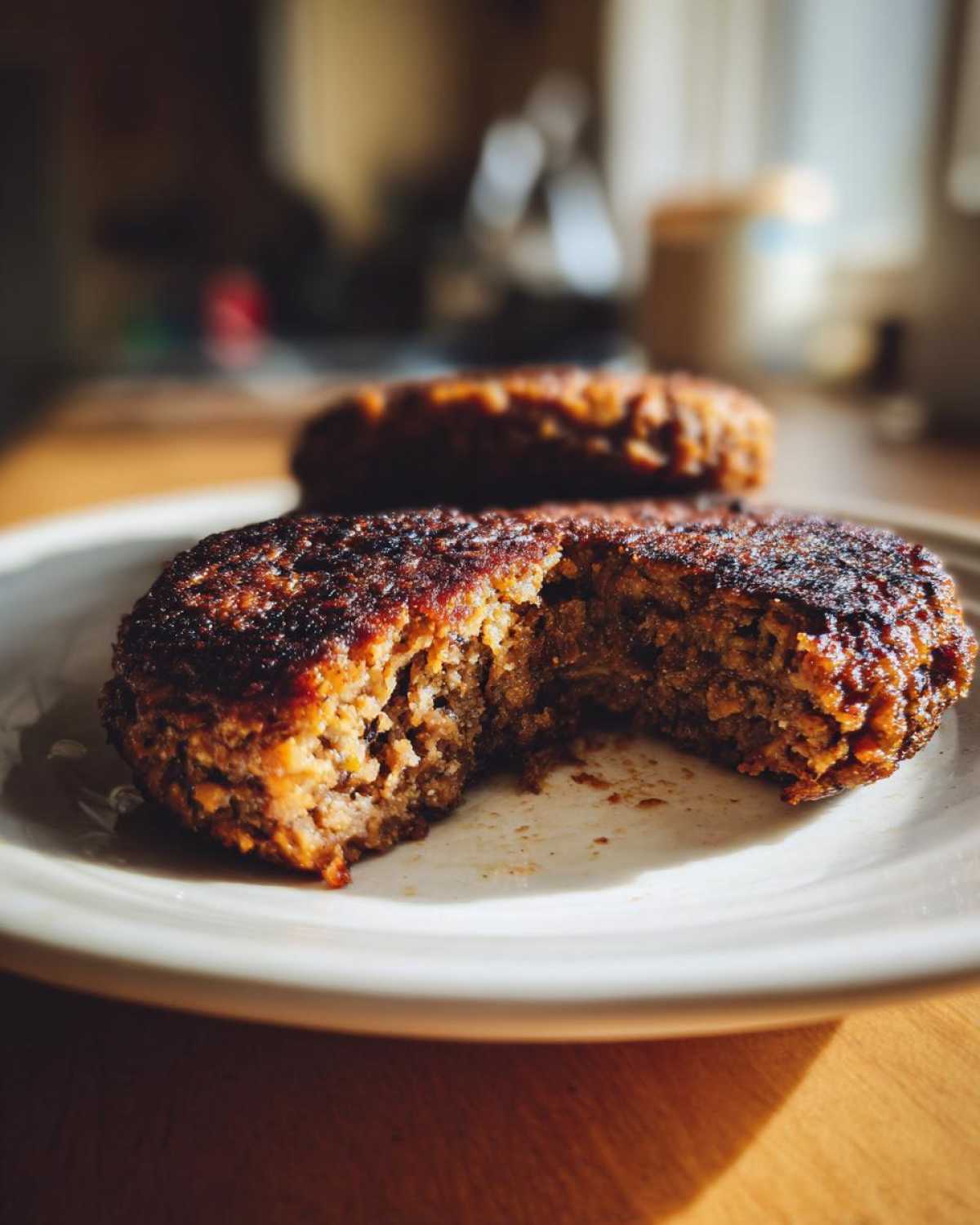 Close-up of a perfectly seared black bean burger patty with a bite removed, showing its firm texture.