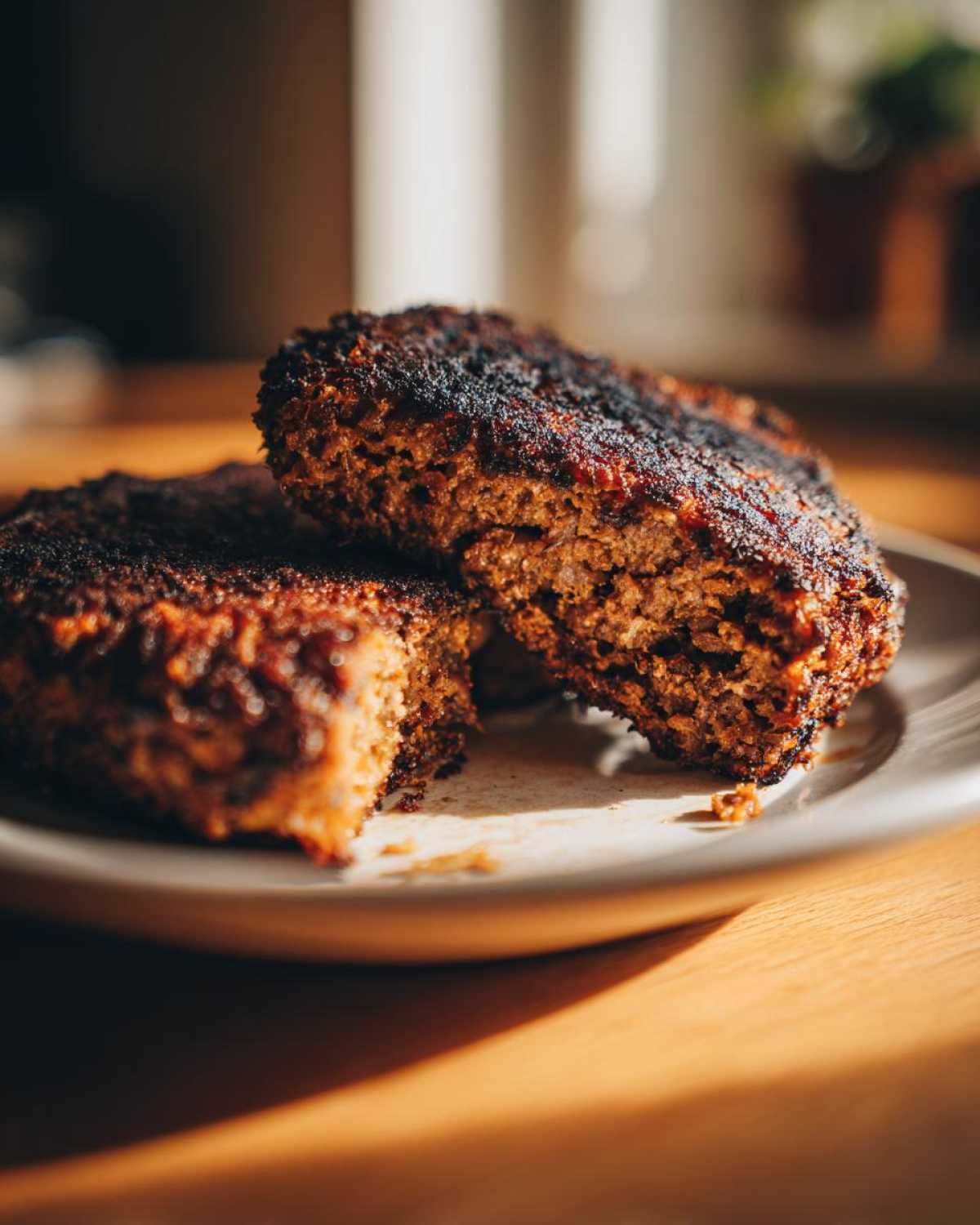 Close-up of a firm black bean burger patty, cut in half to show the texture and dark, well-seared crust.
