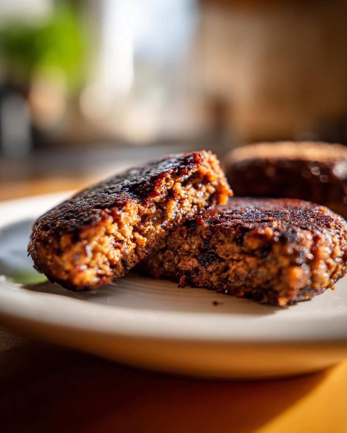 Close-up of a firm black bean burger patty cut in half, showing the texture inside.