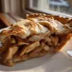 Close-up of a thick slice of apple pie recipe showing flaky golden crust and cinnamon-spiced apple filling.