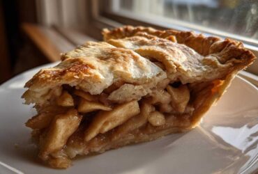 Close-up of a thick slice of apple pie recipe showing flaky golden crust and cinnamon-spiced apple filling.