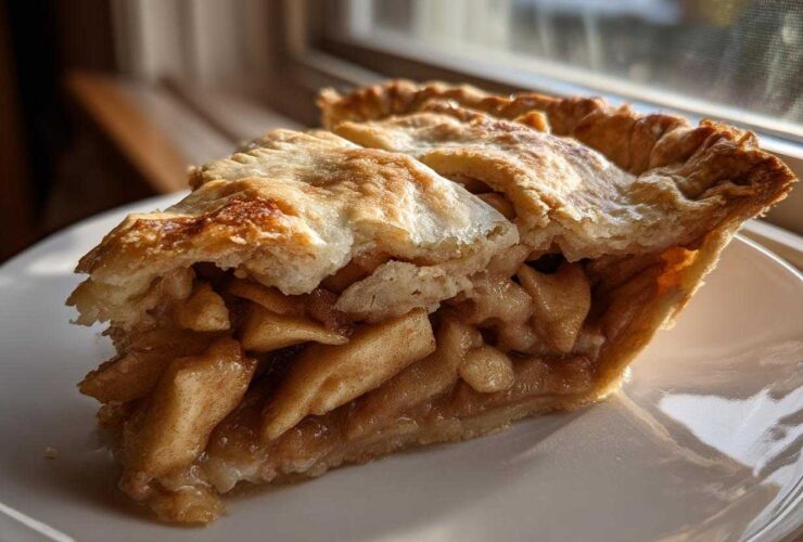 Close-up of a thick slice of apple pie recipe showing flaky golden crust and cinnamon-spiced apple filling.