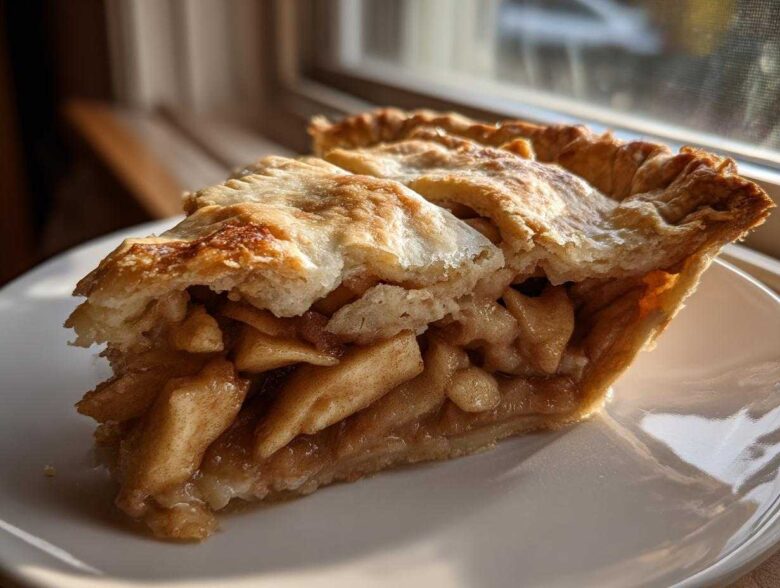 Close-up of a thick slice of apple pie recipe showing flaky golden crust and cinnamon-spiced apple filling.