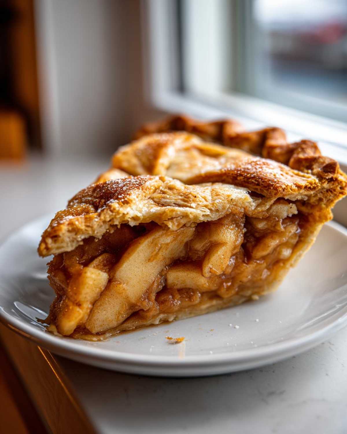 Close-up of a thick slice of apple pie recipe showing flaky, golden crust and rich apple filling.