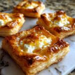Close-up of flaky puff pastry squares topped with creamy goat cheese and drizzled with honey, perfect goat cheese and honey bites.