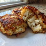 Close-up of freshly cooked maryland crab cakes, one broken open to show flaky white crab meat.