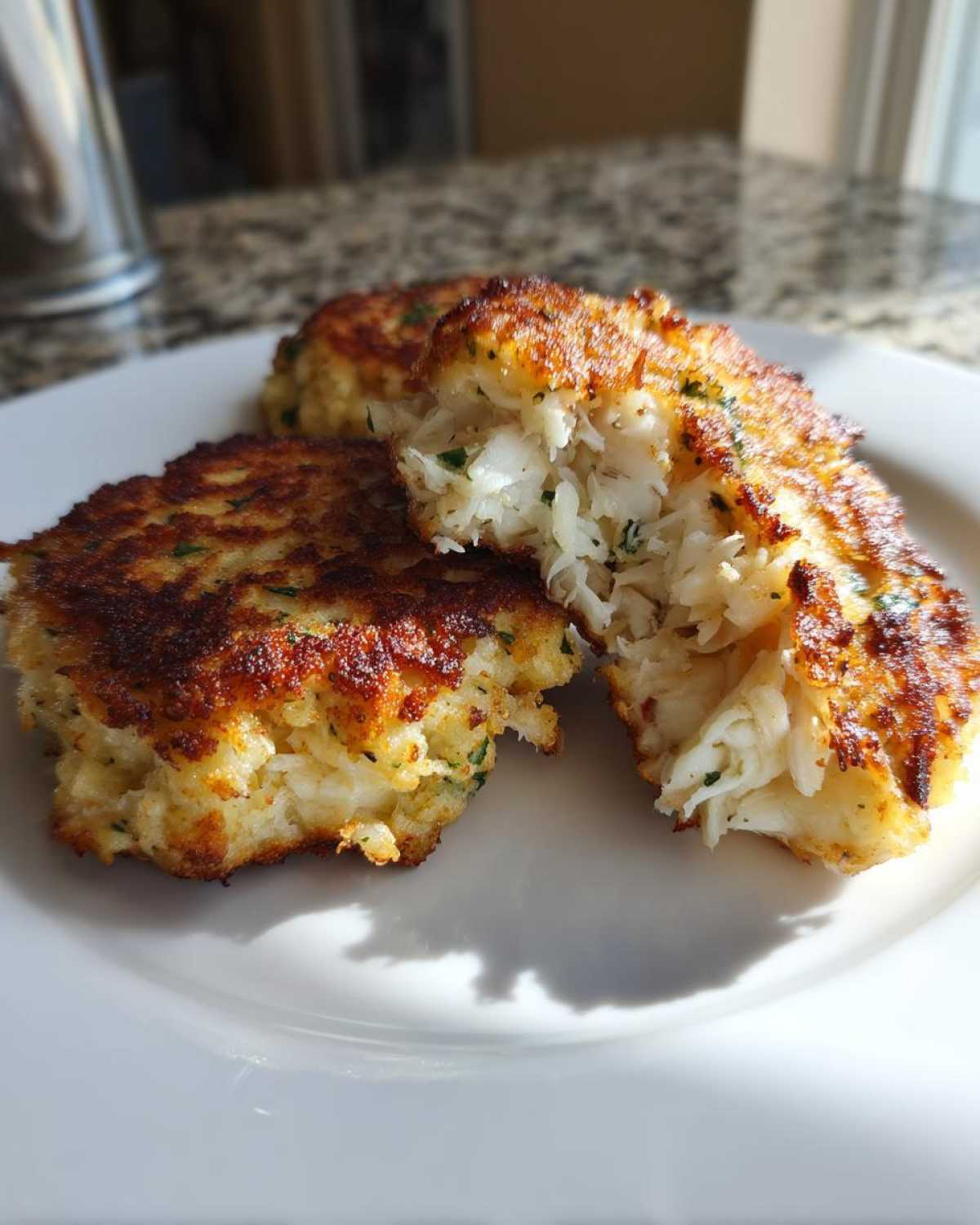 Close-up of three golden brown maryland crab cakes on a white plate, one broken open showing large chunks of white crab meat.