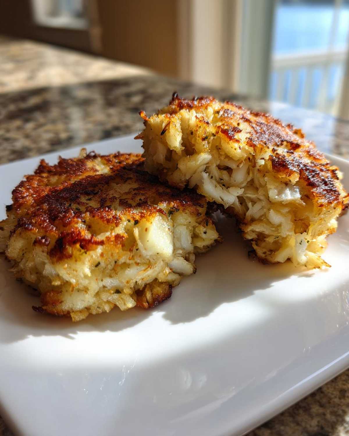 Two perfectly seared maryland crab cakes, one broken open to show the flaky white crab meat inside.