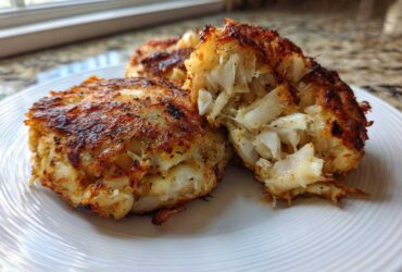 Close-up of freshly cooked maryland crab cakes, one broken open to show flaky white crab meat.