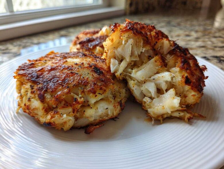 Close-up of freshly cooked maryland crab cakes, one broken open to show flaky white crab meat.