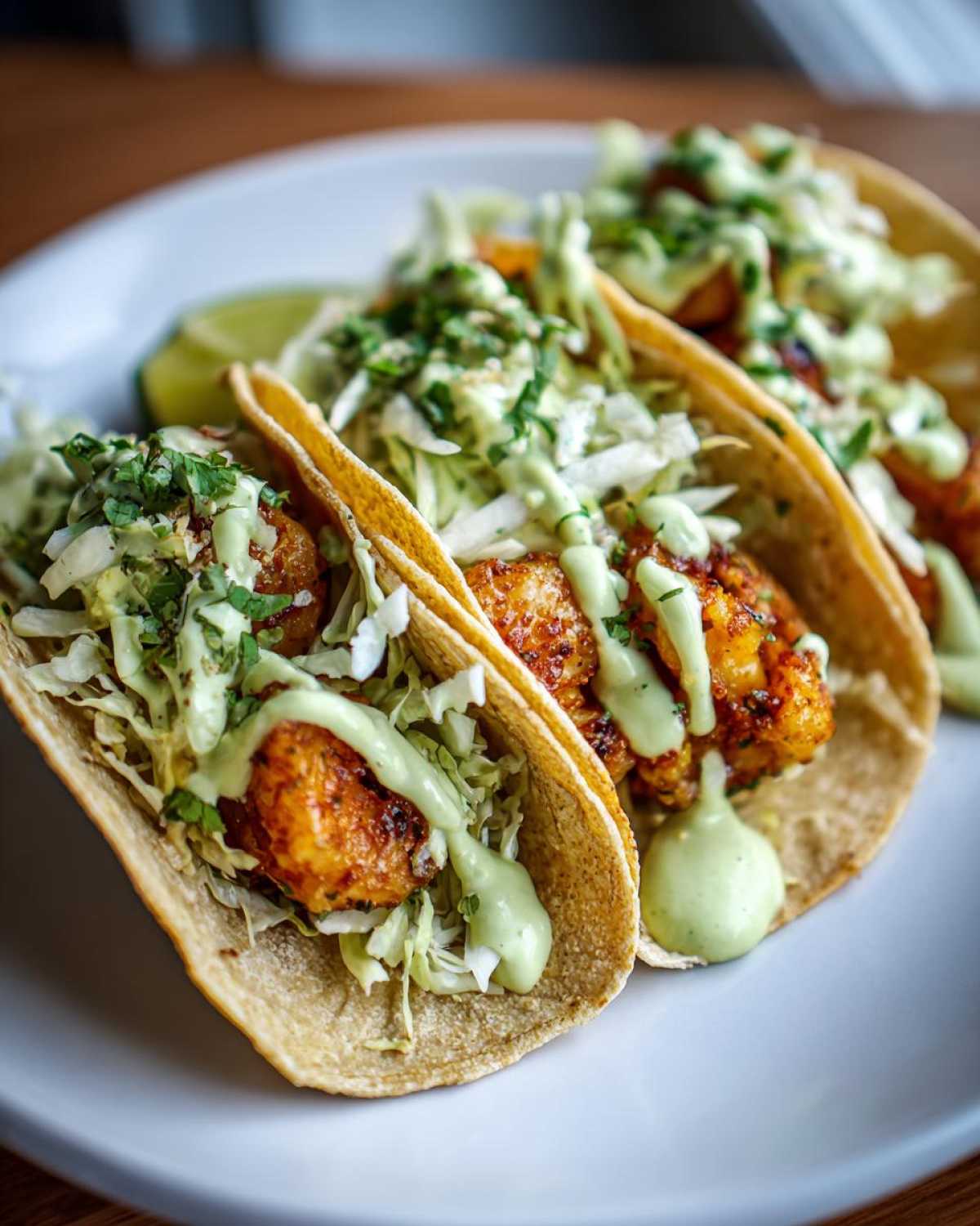 Three delicious shrimp taco shells filled with seasoned shrimp, cabbage slaw, and drizzled with a creamy green sauce.