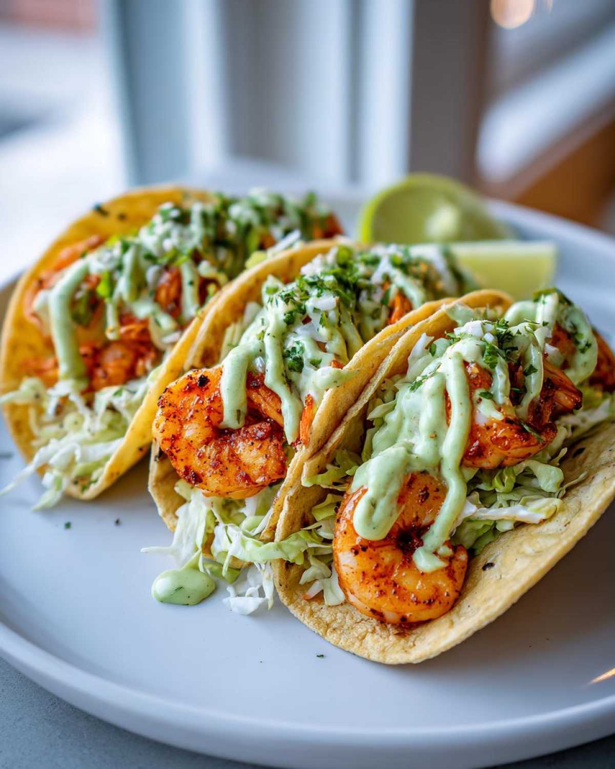 Three delicious shrimp taco shells filled with cabbage slaw, seasoned shrimp, and drizzled with green crema sauce.