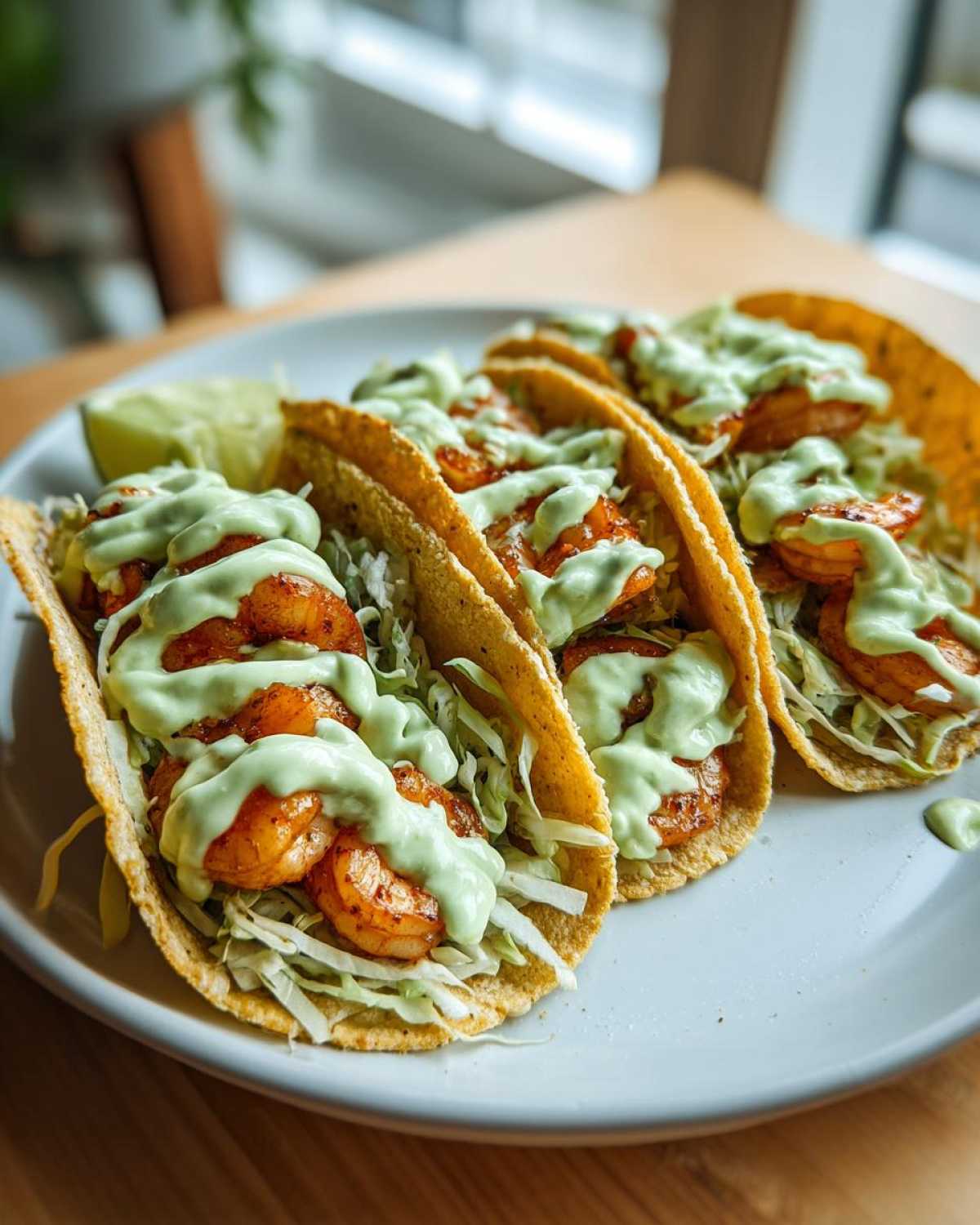 Close-up of three crispy shrimp taco shells filled with shredded cabbage, seasoned shrimp, and drizzled generously with a creamy green sauce.