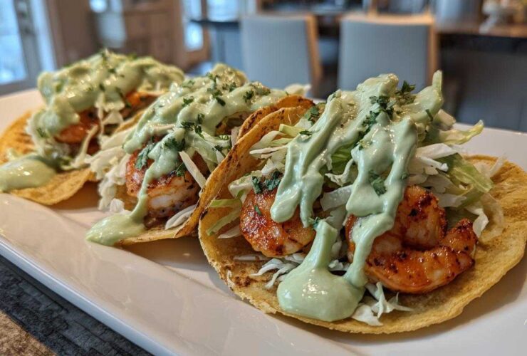 Three assembled shrimp taco servings topped with shredded cabbage and a generous drizzle of creamy green avocado sauce.