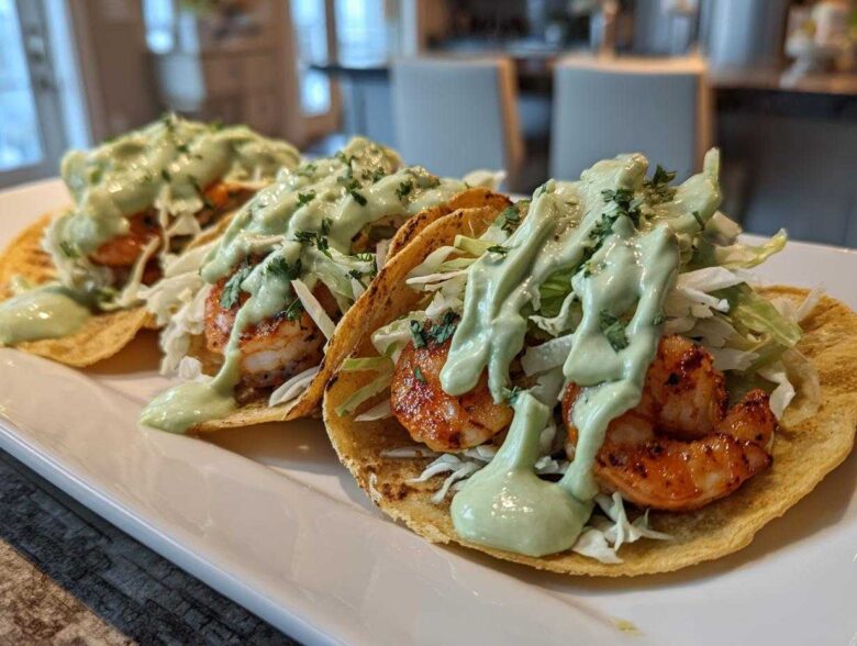 Three assembled shrimp taco servings topped with shredded cabbage and a generous drizzle of creamy green avocado sauce.