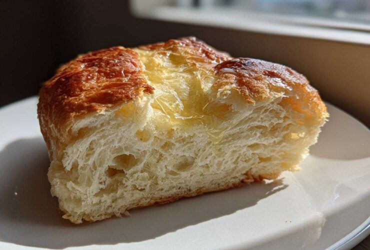 A close-up of a thick slice of fluffy beer bread, glistening with melted butter on top, sitting on a white plate.