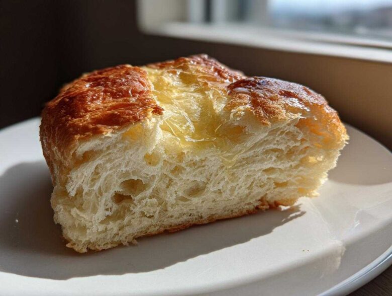 A close-up of a thick slice of fluffy beer bread, glistening with melted butter on top, sitting on a white plate.