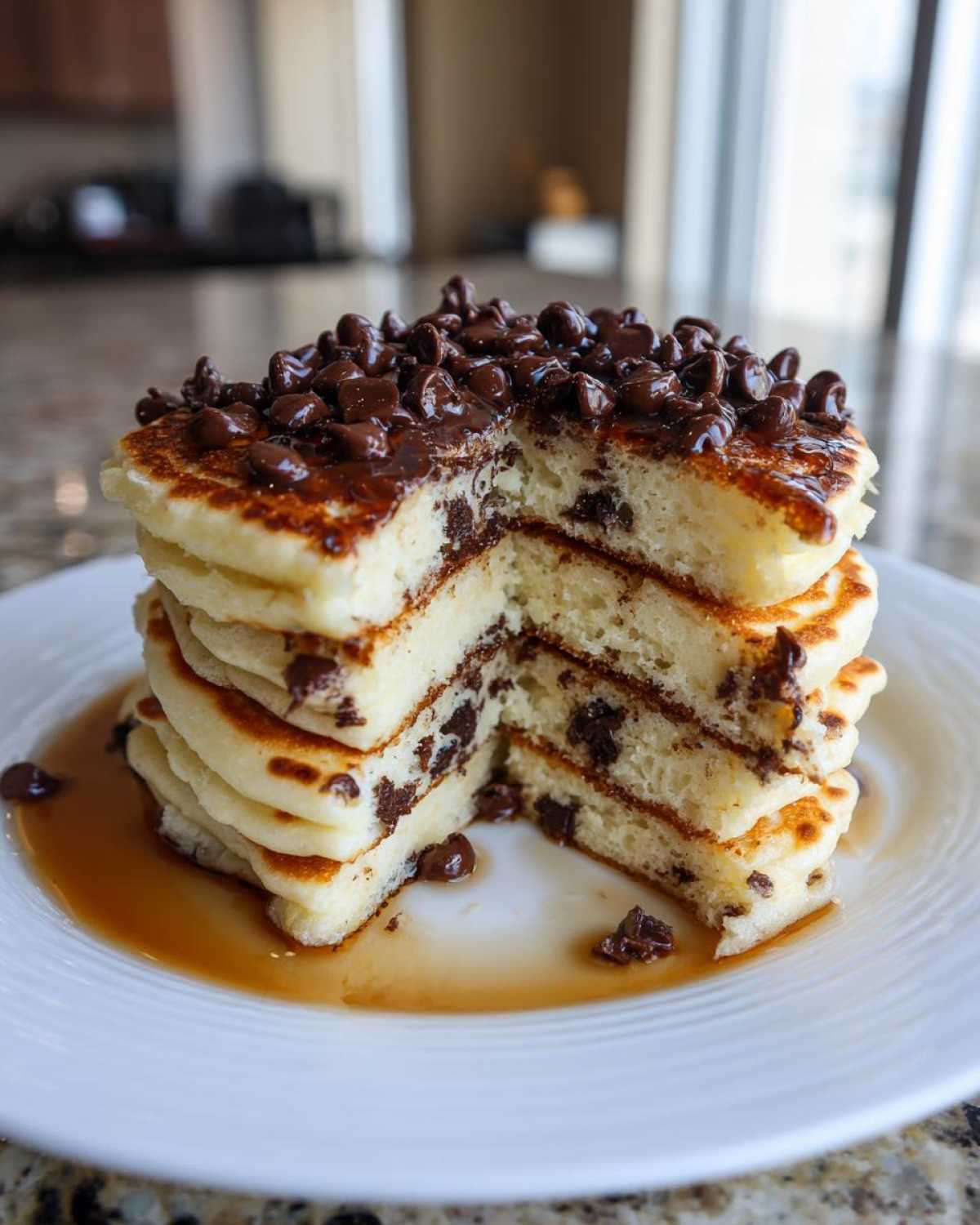 A tall stack of fluffy chocolate chip pancakes, cut to show the melted chips inside, topped with more chips and syrup.