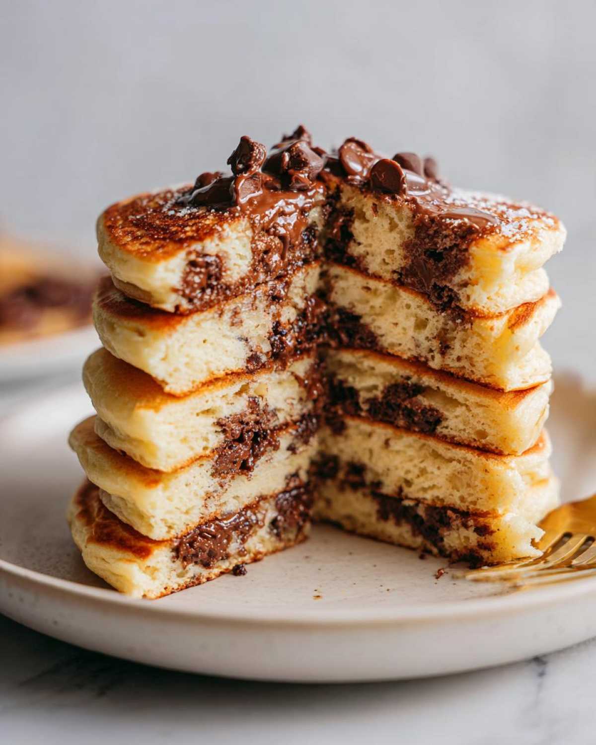 A tall stack of fluffy chocolate chip pancakes cut in half, revealing melted chocolate inside and topped with chocolate chips.