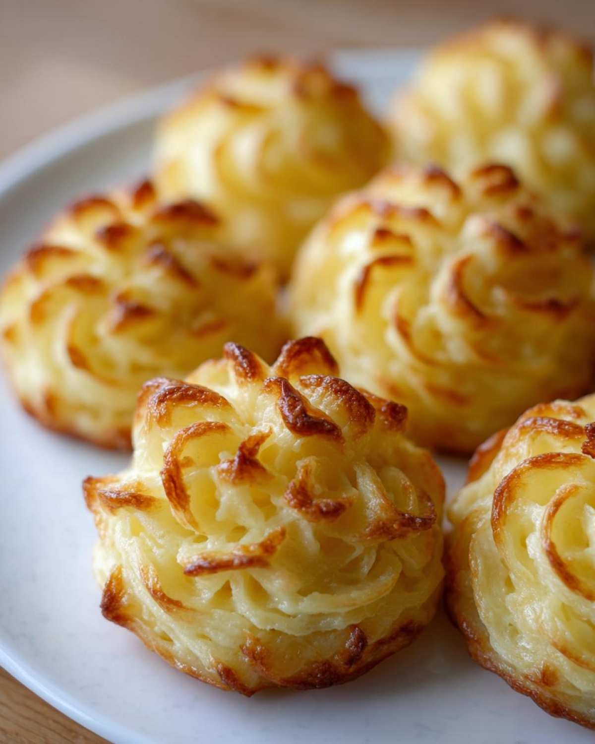 Close-up of golden-brown, piped Duchess potatoes arranged on a white plate.