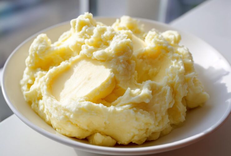 A close-up of creamy, fluffy mashed potatoes served in a white bowl, highlighting the smooth texture.