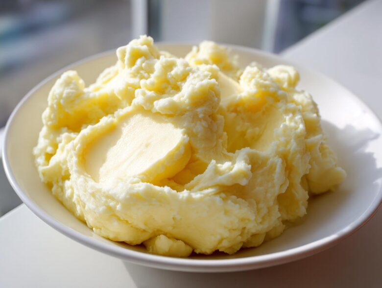 A close-up of creamy, fluffy mashed potatoes served in a white bowl, highlighting the smooth texture.