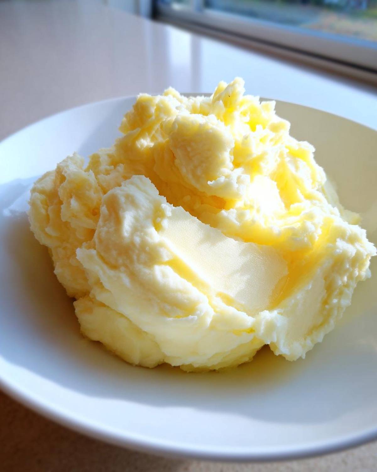 A serving of fluffy, creamy mashed potatoes topped with melting butter in a white bowl.