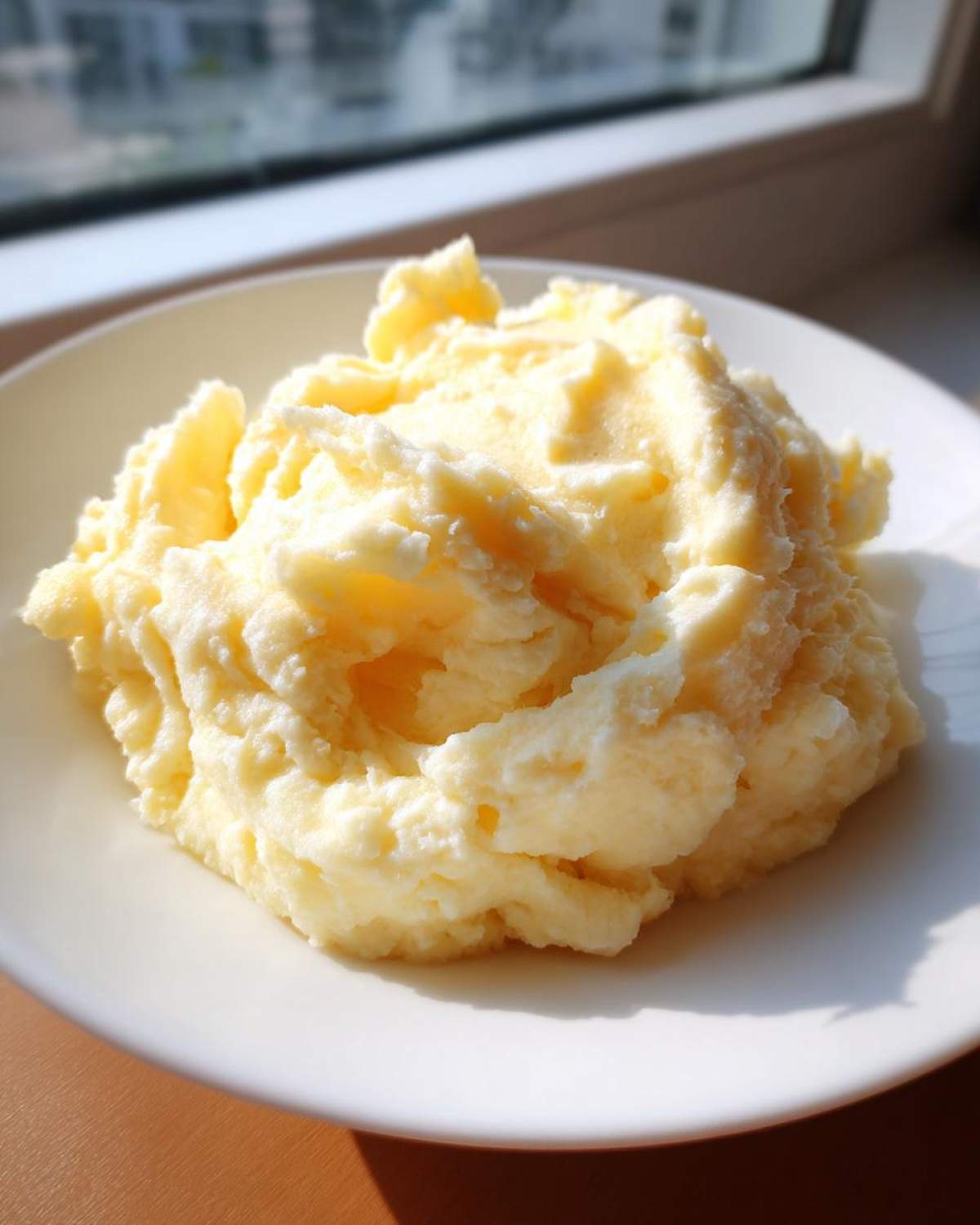 A generous serving of light yellow, fluffy mashed potatoes piled high on a white plate near a window.
