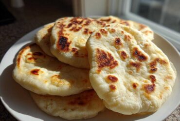 A stack of freshly cooked, slightly charred pita bread puffs resting on a white plate near a window.