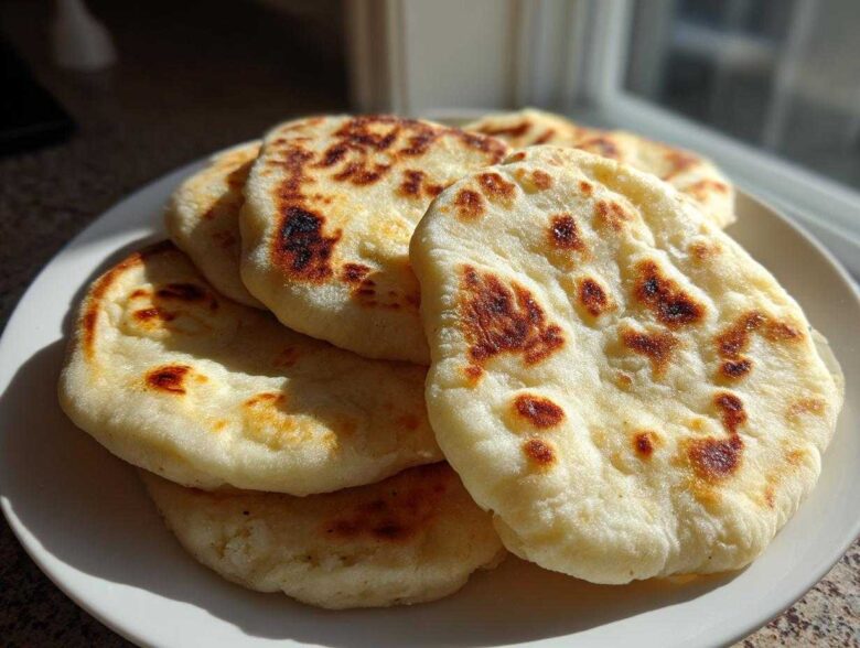 A stack of freshly cooked, slightly charred pita bread puffs resting on a white plate near a window.
