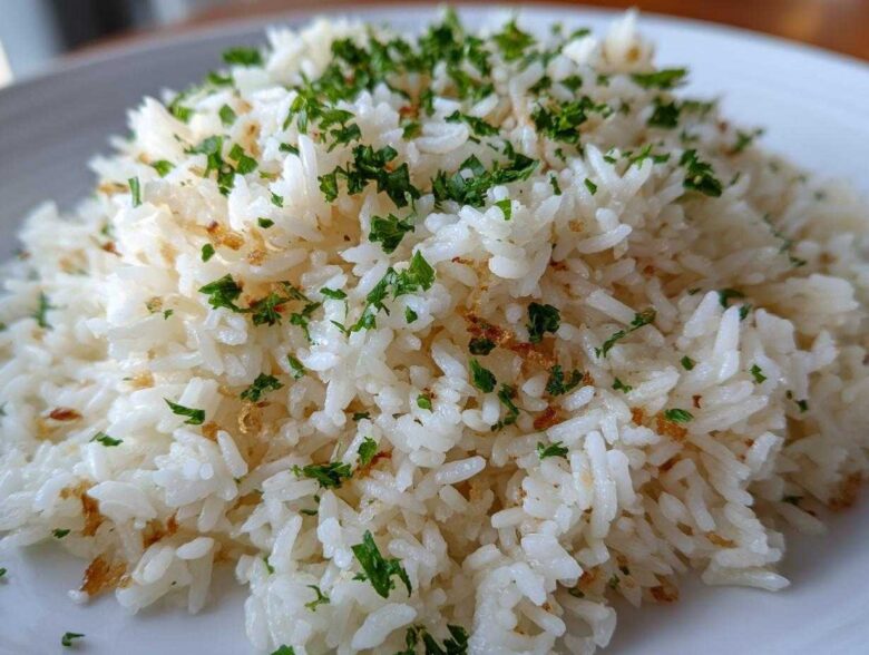 Close-up of a mound of fluffy white rice pilaf garnished with chopped green parsley and small brown crispy bits.